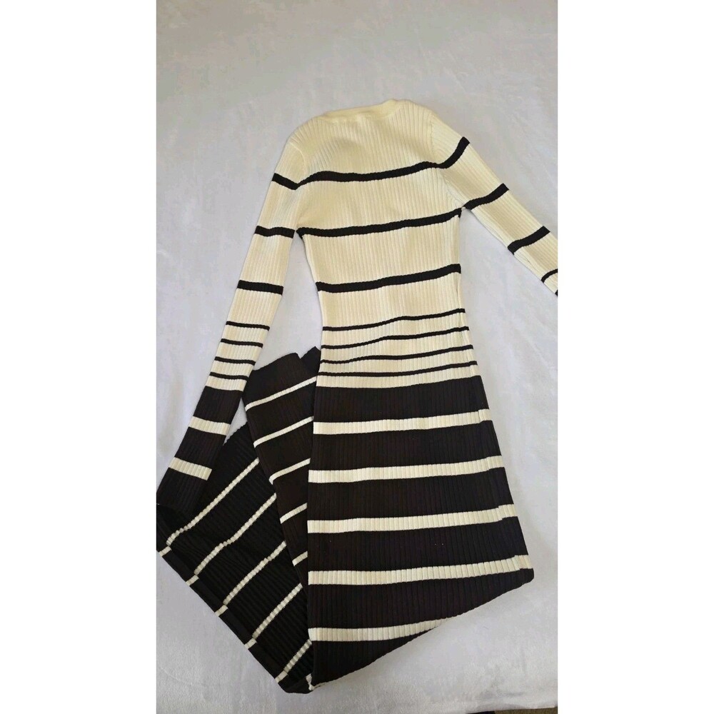 self Black White Striped Ribbed Knit Crew Neck Long Sleeve Sweater Dress S